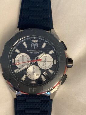 Technomarine Blue and Silver Sport Chronograph Watch with Red Accents